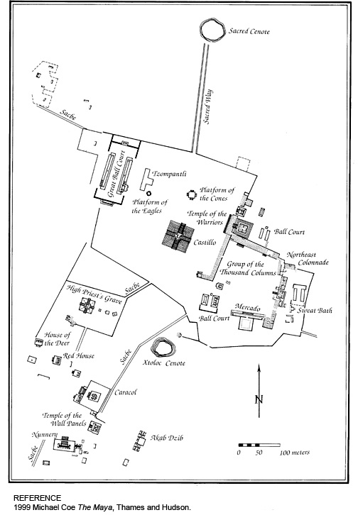 Map of the Mayan Temple Chichen Itza on the Yucatan Peninsula in Mexico.