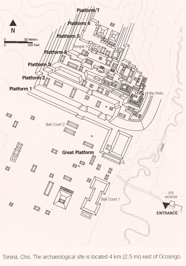 Map of the Mayan Temple Tonina on the Yucatan Peninsula in Mexico.