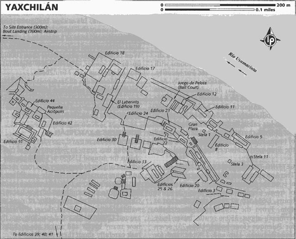 Map of the Mayan Temple Yaxchilan on the Yucatan Peninsula in Mexico.